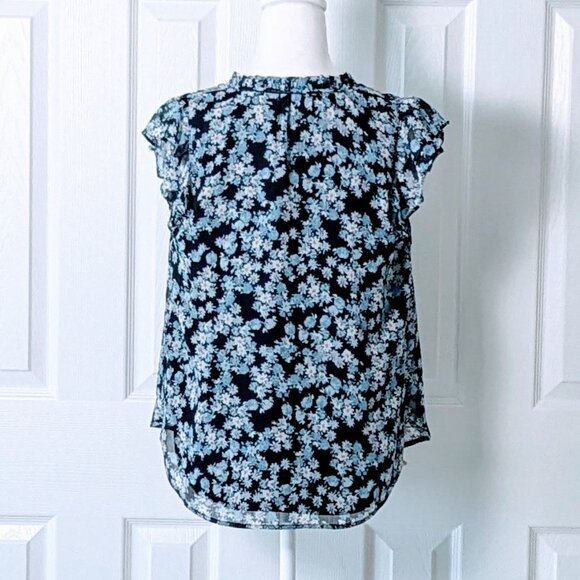 LOFT Women's Short Cap Sleeves VNeck Blouse Top Size S Blue Floral Print - Picture 2 of 7